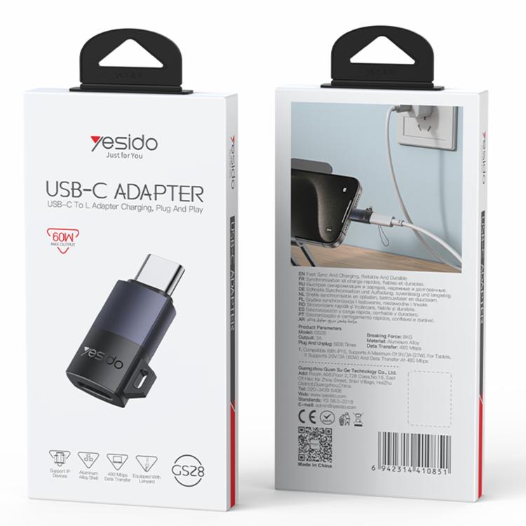 Adaptador de carga Yesido GS28 de 8 pines hembra a USB tipo C macho de 60 W, GS28