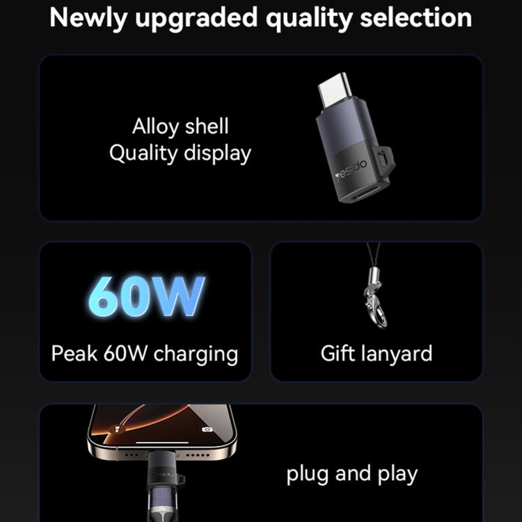 Adaptador de carga Yesido GS28 de 8 pines hembra a USB tipo C macho de 60 W, GS28