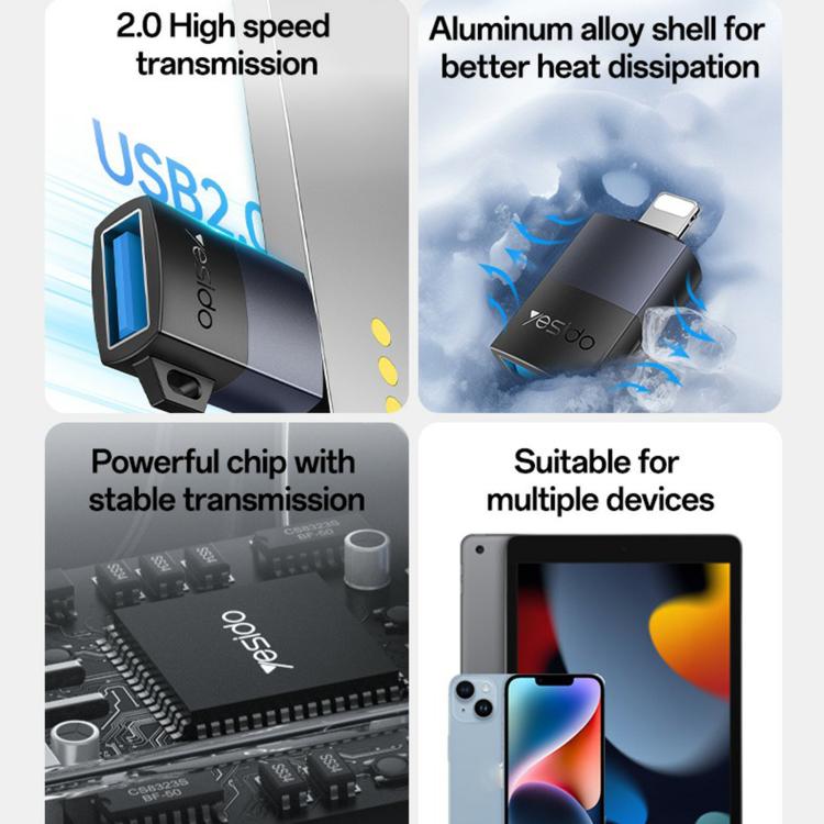 Adaptador de carga Yesido GS32 USB 2.0 hembra a 8 pines macho de 480 Mbps, GS32