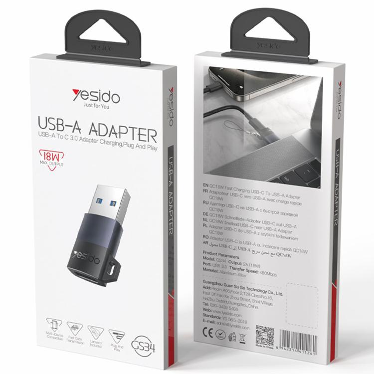 Adaptador de carga Yesido GS34 Tipo C hembra a USB 2.0 macho de 480 Mbps, GS34