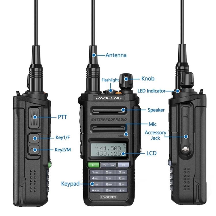 Walkie-talkie analógico portátil Baofeng UV-9R PRO con pantalla LCD de matriz de puntos y clasificación de resistencia al agua IP57., EU Plug, US Plug