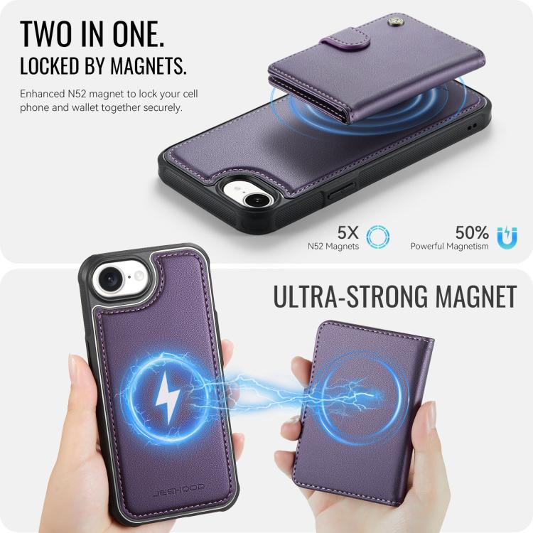 Funda de cuero para teléfono JEehOOD J09 con hebilla y tarjetero MagSafe de estilo magnético RFID., For iPhone 17e / 16e, For iPhone 17 Pro Max, For iPhone 17 Pro, For iPhone 17, For iPhone Air, For iPhone 16 Pro Max, For iPhone 16 Pro, For iPhone 16 P...