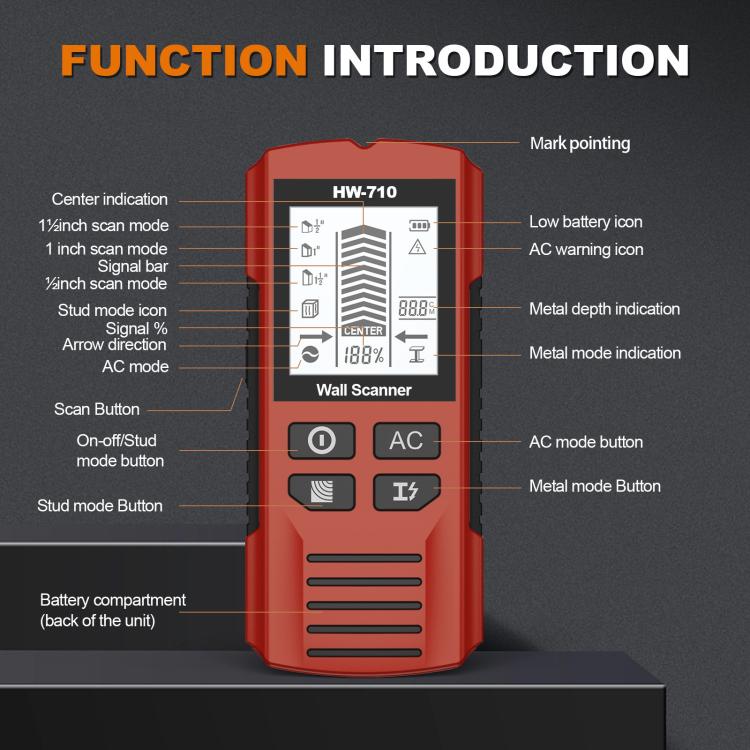 Escáner de pared HW-710 5 en 1: detector de metales, buscador de vigas e instrumento de medición.