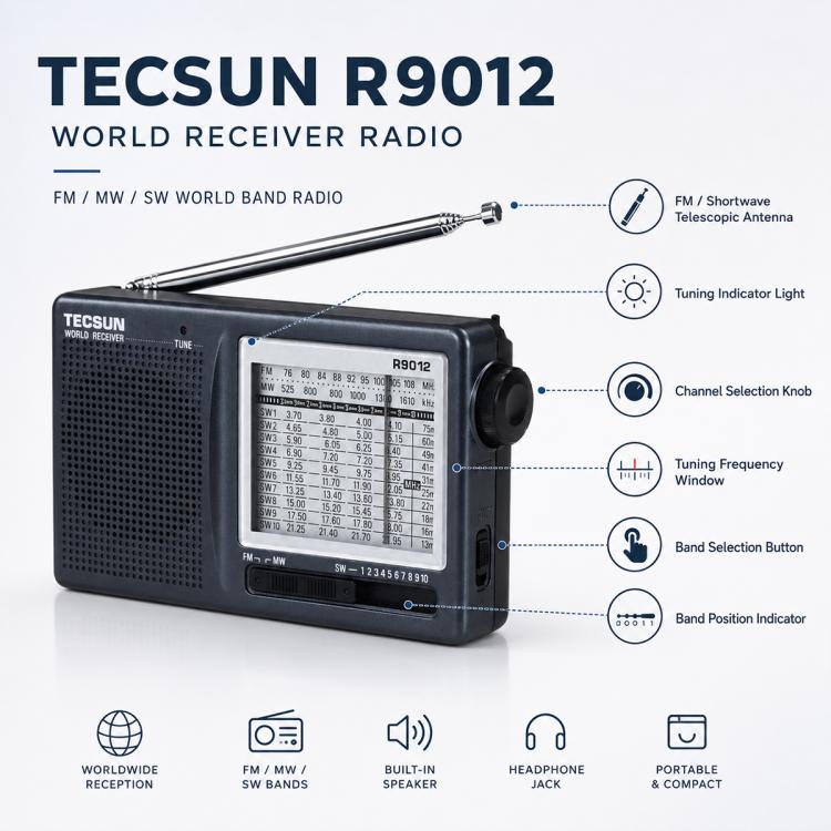 Radio FM portátil de banda completa Tecsun R-9012, R-9012