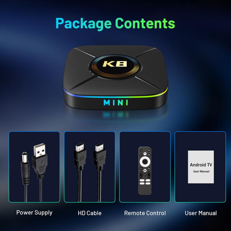 HK1 K8MINI 4K UHD Android 14 Smart TV Box con control remoto, RK3518 Quad-Core, 2GB+16GB, 2GB+32GB