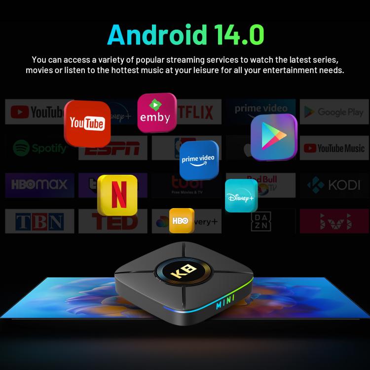 HK1 K8MINI 4K UHD Android 14 Smart TV Box con control remoto, RK3518 Quad-Core, 2GB+16GB, 2GB+32GB