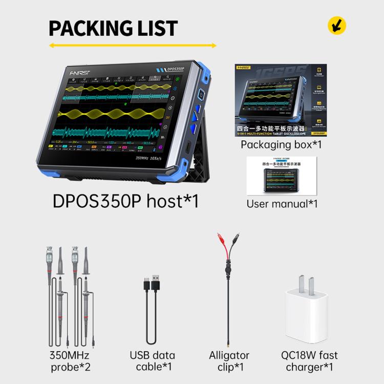 Osciloscopio para tablet FNIRSI DPOS350P 4 en 1 con pantalla táctil IPS HD de 7 pulgadas y 350M, DPOS350P(US Plug), DPOS350P(EU Plug)