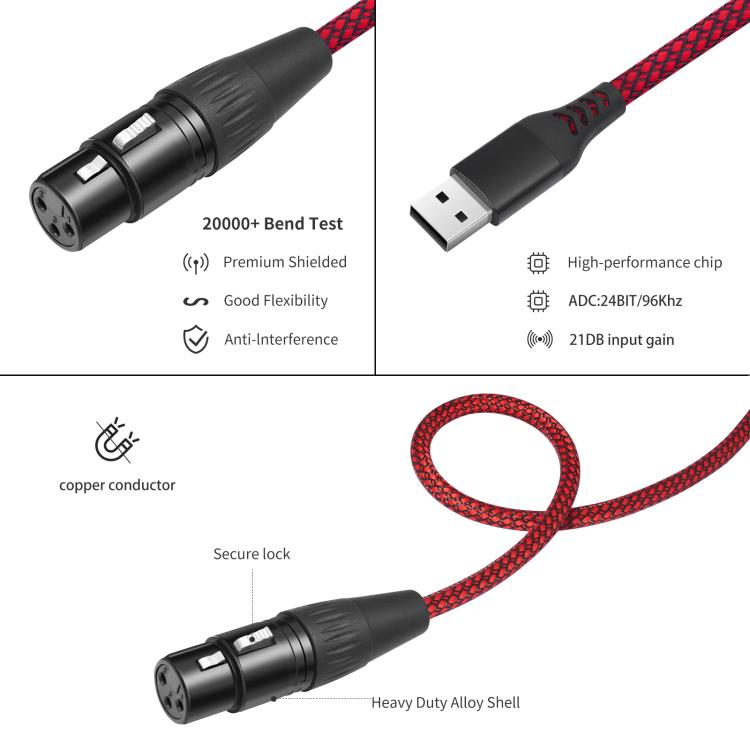 Cable de grabación de audio USB-A a XLR hembra para micrófono dinámico, 1m, 2m, 3m