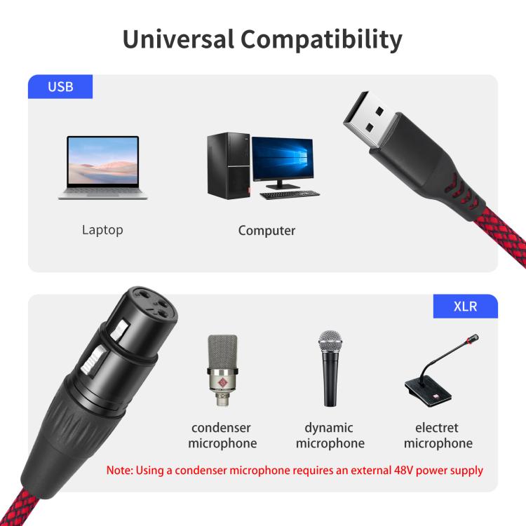 Cable de grabación de audio USB-A a XLR hembra para micrófono dinámico, 1m, 2m, 3m