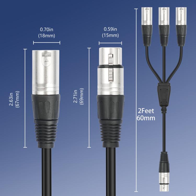 Cable de audio divisor de 3 vías, longitud: 60 cm, XLR Female to 3 XLR Male, XLR Male to 3 XLR Female