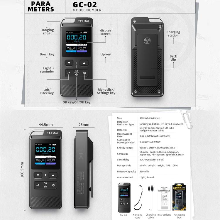 Detector de radiación personal FNIRSI GC-02 con alarma, FNIRSI GC-02
