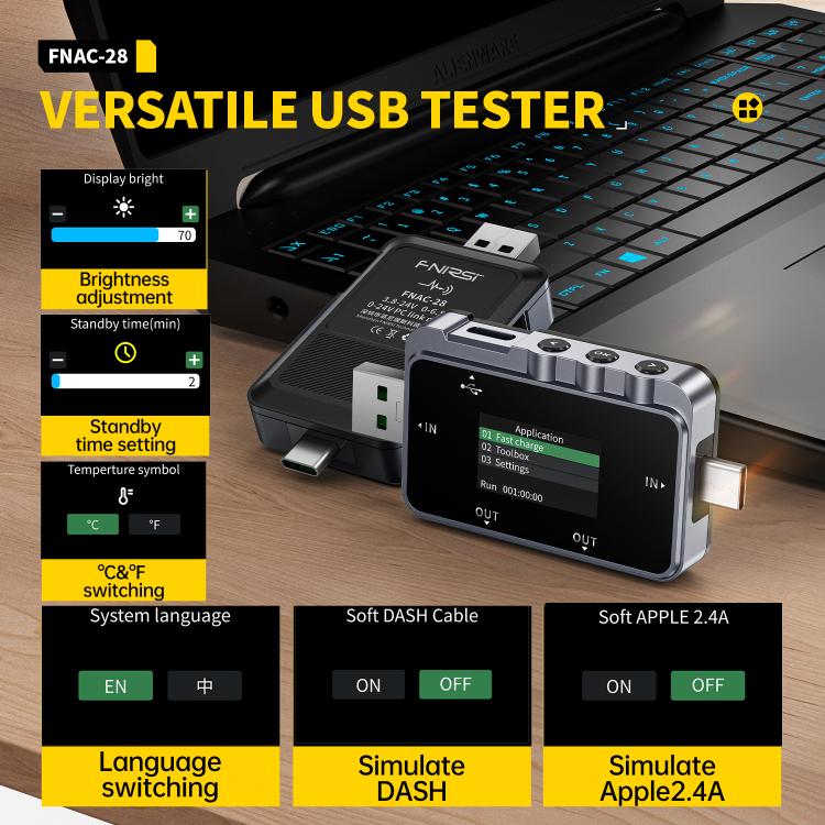 Probador de monitorización de rizado de grado profesional multifunción Fnirsi FNAC-28 con puertos USB y tipo C, FNAC-28