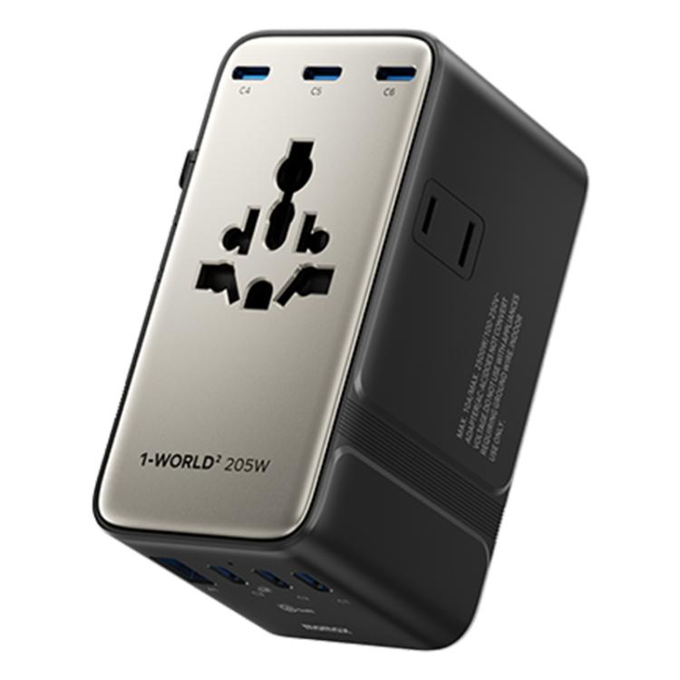 Cargador universal de viaje MOMAX UA28L 1-World 2 de 205 W con doble alimentación de CA y 7 puertos, con tecnología GaN y cable de 140 W., UA28L