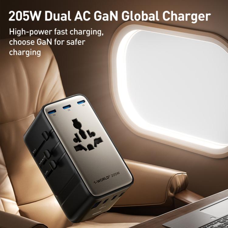 Cargador universal de viaje MOMAX UA28L 1-World 2 de 205 W con doble alimentación de CA y 7 puertos, con tecnología GaN y cable de 140 W., UA28L