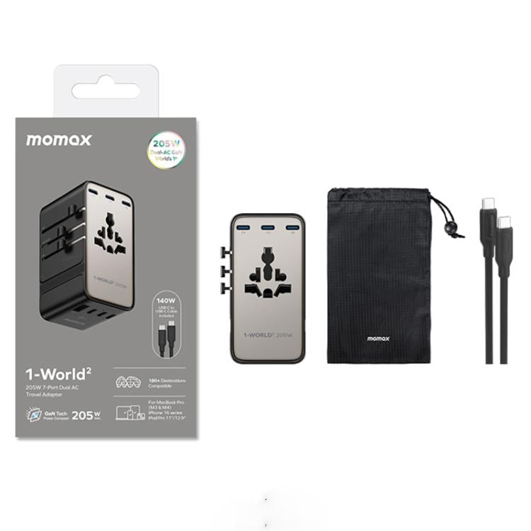 Cargador universal de viaje MOMAX UA28L 1-World 2 de 205 W con doble alimentación de CA y 7 puertos, con tecnología GaN y cable de 140 W., UA28L