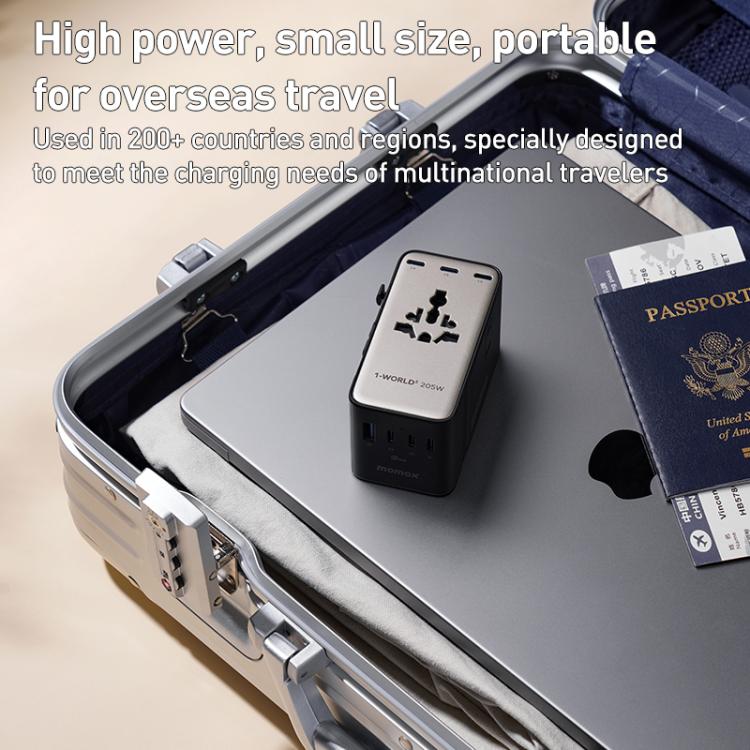 Cargador universal de viaje MOMAX UA28L 1-World 2 de 205 W con doble alimentación de CA y 7 puertos, con tecnología GaN y cable de 140 W., UA28L
