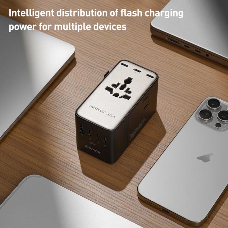 Cargador universal de viaje MOMAX UA28L 1-World 2 de 205 W con doble alimentación de CA y 7 puertos, con tecnología GaN y cable de 140 W., UA28L