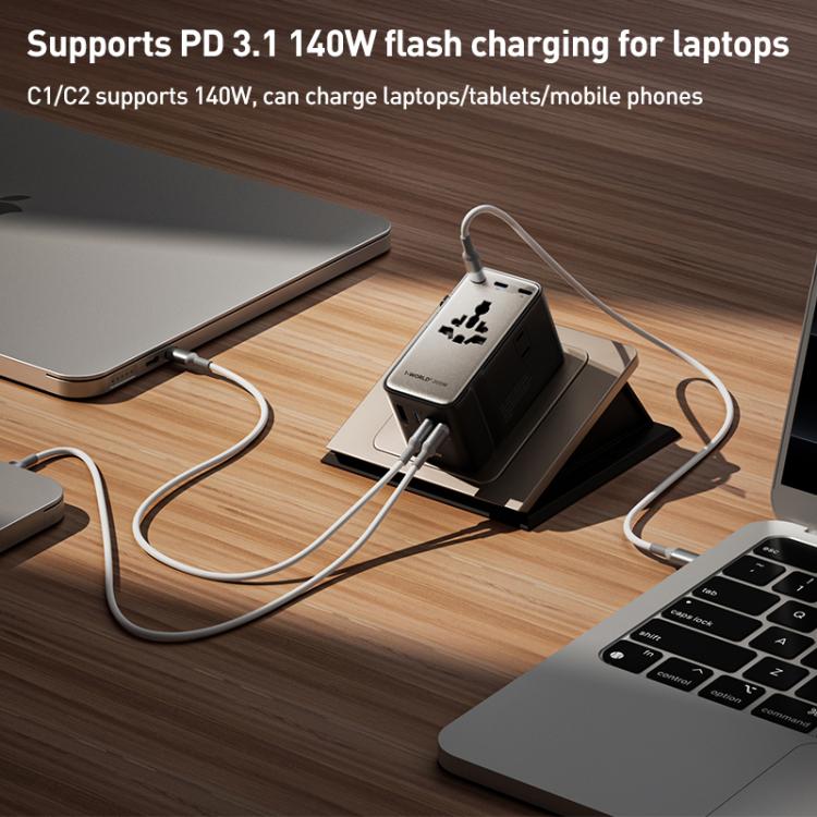 Cargador universal de viaje MOMAX UA28L 1-World 2 de 205 W con doble alimentación de CA y 7 puertos, con tecnología GaN y cable de 140 W., UA28L