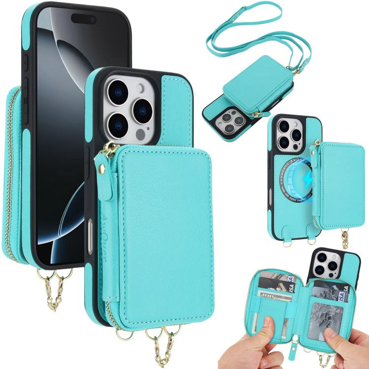 Cartera bandolera 2 en 1 con cremallera y funda trasera de cuero para teléfono AwQuer, For iPhone 17 Pro Max, For iPhone 17 Pro, For iPhone 17, For iPhone Air, For iPhone 16 Pro Max, For iPhone 16 Pro