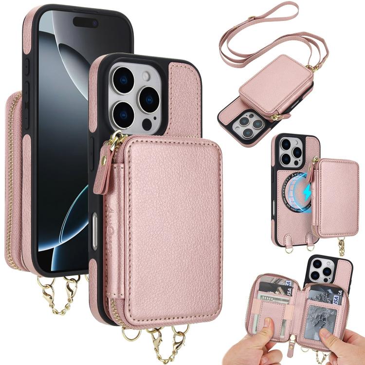 Cartera bandolera 2 en 1 con cremallera y funda trasera de cuero para teléfono AwQuer, For iPhone 17 Pro Max, For iPhone 17 Pro, For iPhone 17, For iPhone Air, For iPhone 16 Pro Max, For iPhone 16 Pro