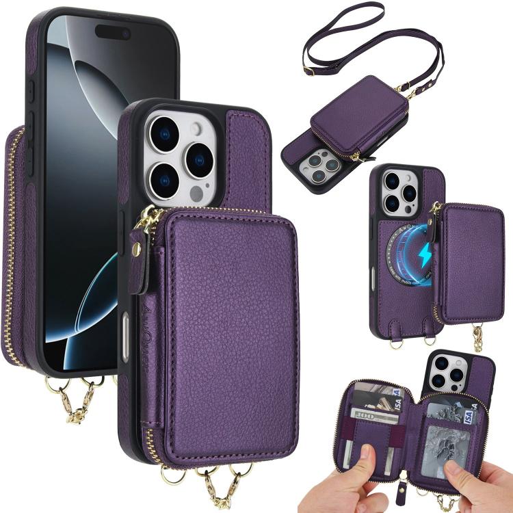 Cartera bandolera 2 en 1 con cremallera y funda trasera de cuero para teléfono AwQuer, For iPhone 17 Pro Max, For iPhone 17 Pro, For iPhone 17, For iPhone Air, For iPhone 16 Pro Max, For iPhone 16 Pro