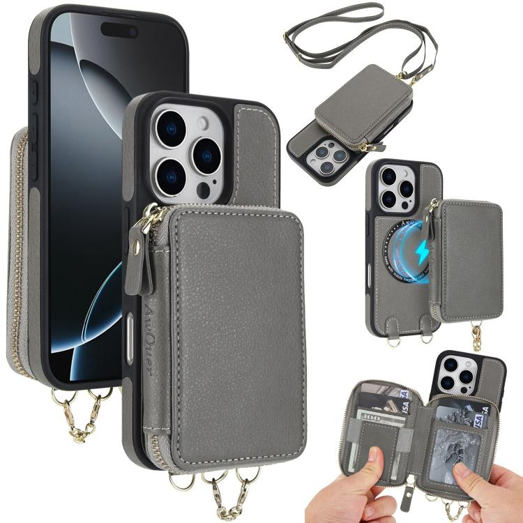 Cartera bandolera 2 en 1 con cremallera y funda trasera de cuero para teléfono AwQuer, For iPhone 17 Pro Max, For iPhone 17 Pro, For iPhone 17, For iPhone Air, For iPhone 16 Pro Max, For iPhone 16 Pro