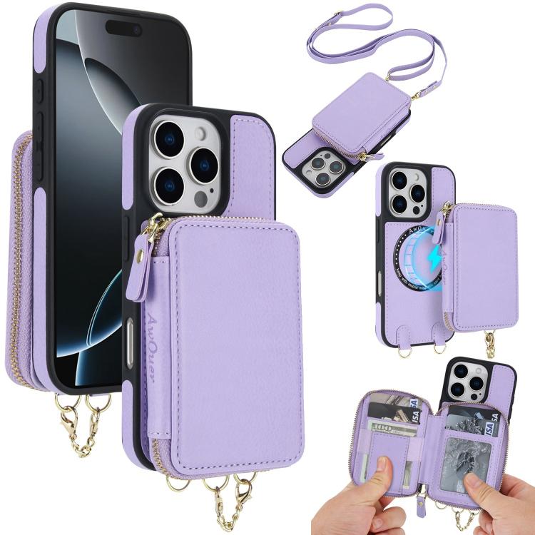 Cartera bandolera 2 en 1 con cremallera y funda trasera de cuero para teléfono AwQuer, For iPhone 17 Pro Max, For iPhone 17 Pro, For iPhone 17, For iPhone Air, For iPhone 16 Pro Max, For iPhone 16 Pro