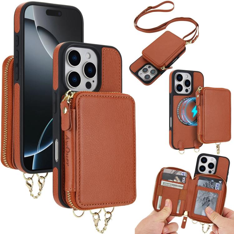 Cartera bandolera 2 en 1 con cremallera y funda trasera de cuero para teléfono AwQuer, For iPhone 17 Pro Max, For iPhone 17 Pro, For iPhone 17, For iPhone Air, For iPhone 16 Pro Max, For iPhone 16 Pro