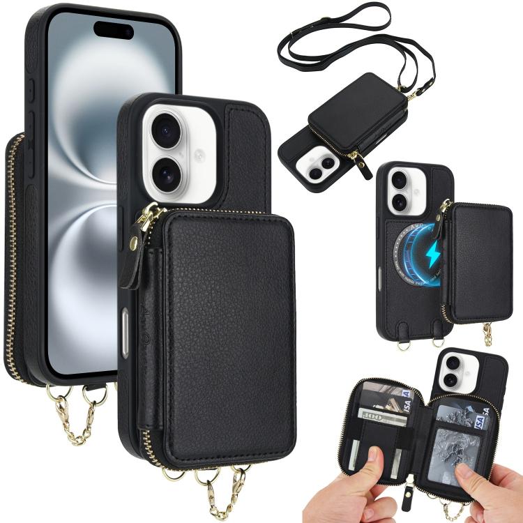 Cartera bandolera 2 en 1 con cremallera y funda trasera de cuero para teléfono AwQuer, For iPhone 16 Plus, For iPhone 16, For iPhone 15 Pro Max, For iPhone 15 Pro, For iPhone 15 Plus, For iPhone 15