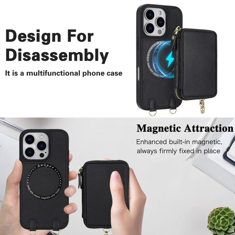 Cartera bandolera 2 en 1 con cremallera y funda trasera de cuero para teléfono AwQuer, For iPhone 16 Plus, For iPhone 16, For iPhone 15 Pro Max, For iPhone 15 Pro, For iPhone 15 Plus, For iPhone 15