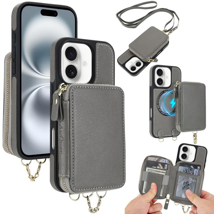Cartera bandolera 2 en 1 con cremallera y funda trasera de cuero para teléfono AwQuer, For iPhone 16 Plus, For iPhone 16, For iPhone 15 Pro Max, For iPhone 15 Pro, For iPhone 15 Plus, For iPhone 15
