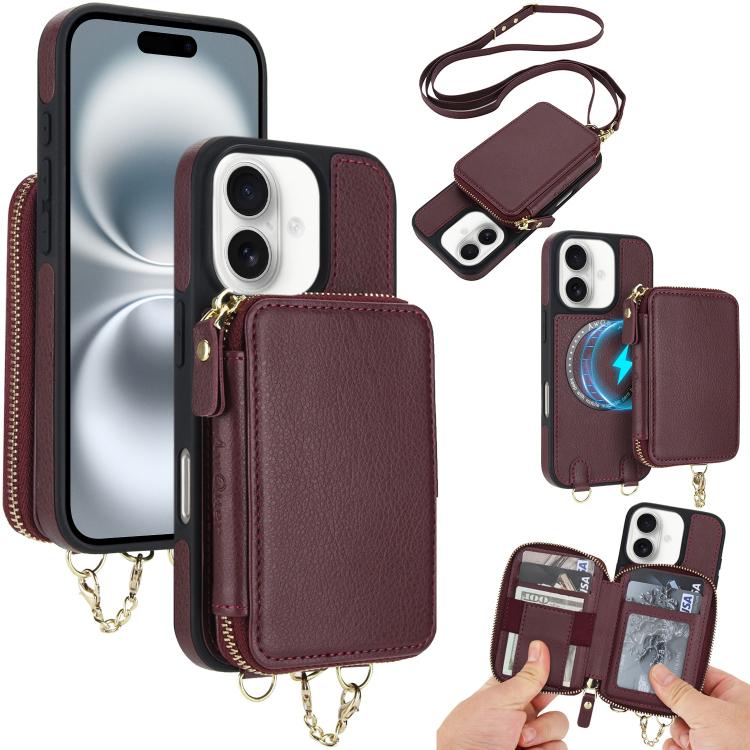 Cartera bandolera 2 en 1 con cremallera y funda trasera de cuero para teléfono AwQuer, For iPhone 16 Plus, For iPhone 16, For iPhone 15 Pro Max, For iPhone 15 Pro, For iPhone 15 Plus, For iPhone 15