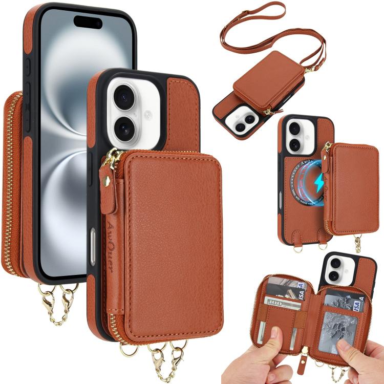 Cartera bandolera 2 en 1 con cremallera y funda trasera de cuero para teléfono AwQuer, For iPhone 16 Plus, For iPhone 16, For iPhone 15 Pro Max, For iPhone 15 Pro, For iPhone 15 Plus, For iPhone 15