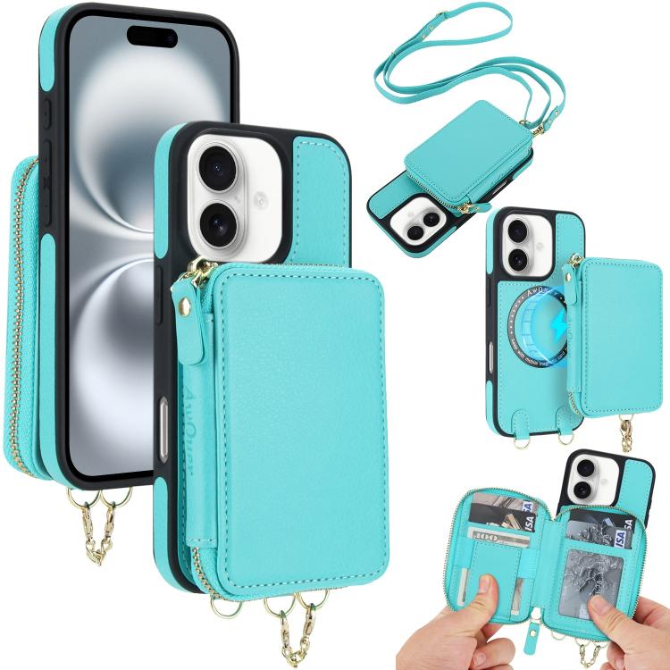 Cartera bandolera 2 en 1 con cremallera y funda trasera de cuero para teléfono AwQuer, For iPhone 16 Plus, For iPhone 16, For iPhone 15 Pro Max, For iPhone 15 Pro, For iPhone 15 Plus, For iPhone 15