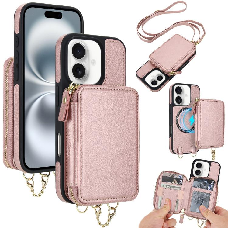 Cartera bandolera 2 en 1 con cremallera y funda trasera de cuero para teléfono AwQuer, For iPhone 16 Plus, For iPhone 16, For iPhone 15 Pro Max, For iPhone 15 Pro, For iPhone 15 Plus, For iPhone 15