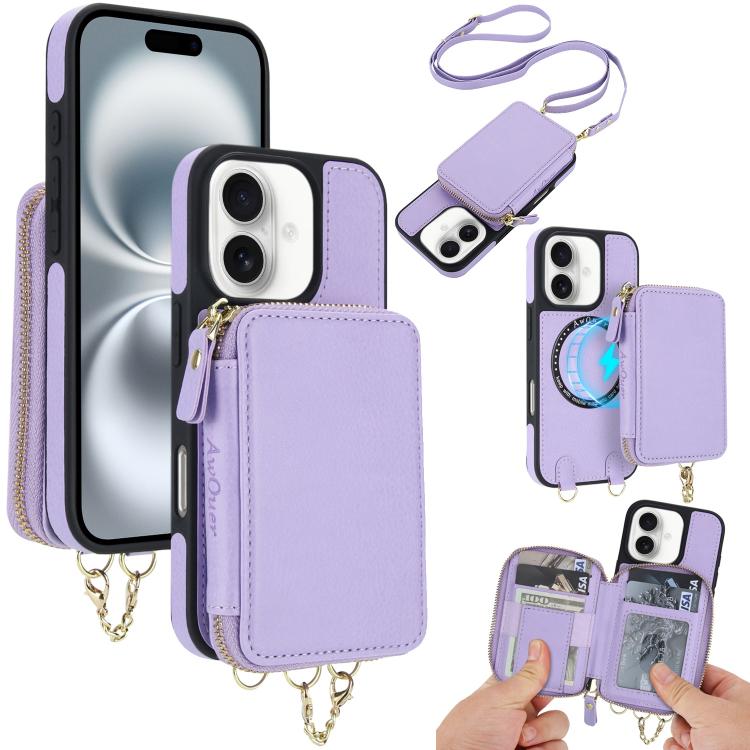 Cartera bandolera 2 en 1 con cremallera y funda trasera de cuero para teléfono AwQuer, For iPhone 16 Plus, For iPhone 16, For iPhone 15 Pro Max, For iPhone 15 Pro, For iPhone 15 Plus, For iPhone 15
