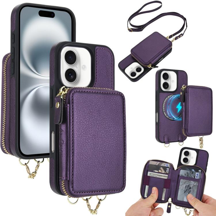 Cartera bandolera 2 en 1 con cremallera y funda trasera de cuero para teléfono AwQuer, For iPhone 16 Plus, For iPhone 16, For iPhone 15 Pro Max, For iPhone 15 Pro, For iPhone 15 Plus, For iPhone 15
