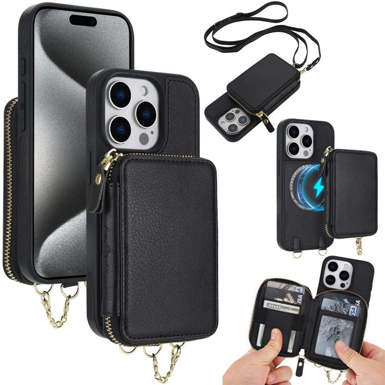 Cartera bandolera 2 en 1 con cremallera y funda trasera de cuero para teléfono AwQuer, For iPhone 16 Plus, For iPhone 16, For iPhone 15 Pro Max, For iPhone 15 Pro, For iPhone 15 Plus, For iPhone 15