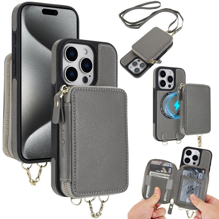 Cartera bandolera 2 en 1 con cremallera y funda trasera de cuero para teléfono AwQuer, For iPhone 16 Plus, For iPhone 16, For iPhone 15 Pro Max, For iPhone 15 Pro, For iPhone 15 Plus, For iPhone 15