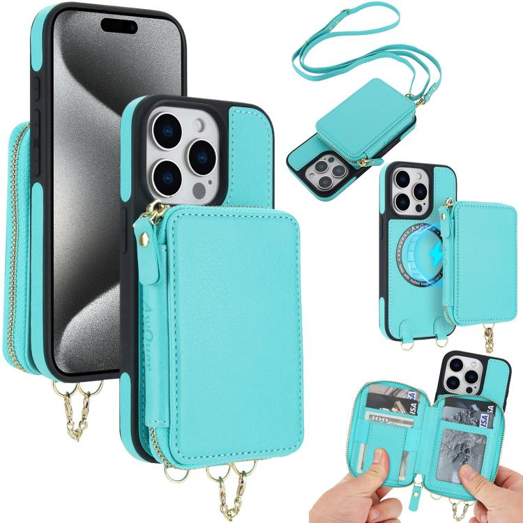 Cartera bandolera 2 en 1 con cremallera y funda trasera de cuero para teléfono AwQuer, For iPhone 16 Plus, For iPhone 16, For iPhone 15 Pro Max, For iPhone 15 Pro, For iPhone 15 Plus, For iPhone 15