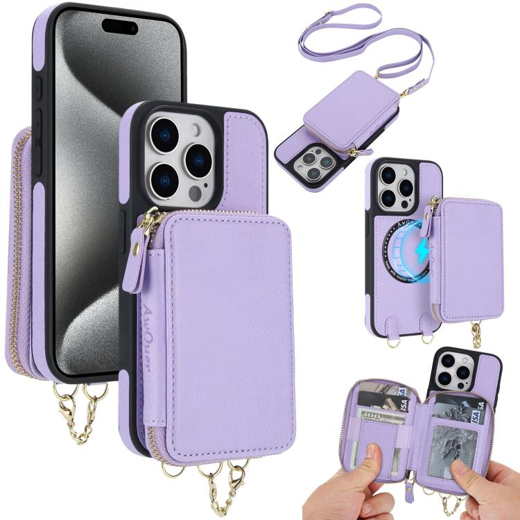 Cartera bandolera 2 en 1 con cremallera y funda trasera de cuero para teléfono AwQuer, For iPhone 16 Plus, For iPhone 16, For iPhone 15 Pro Max, For iPhone 15 Pro, For iPhone 15 Plus, For iPhone 15