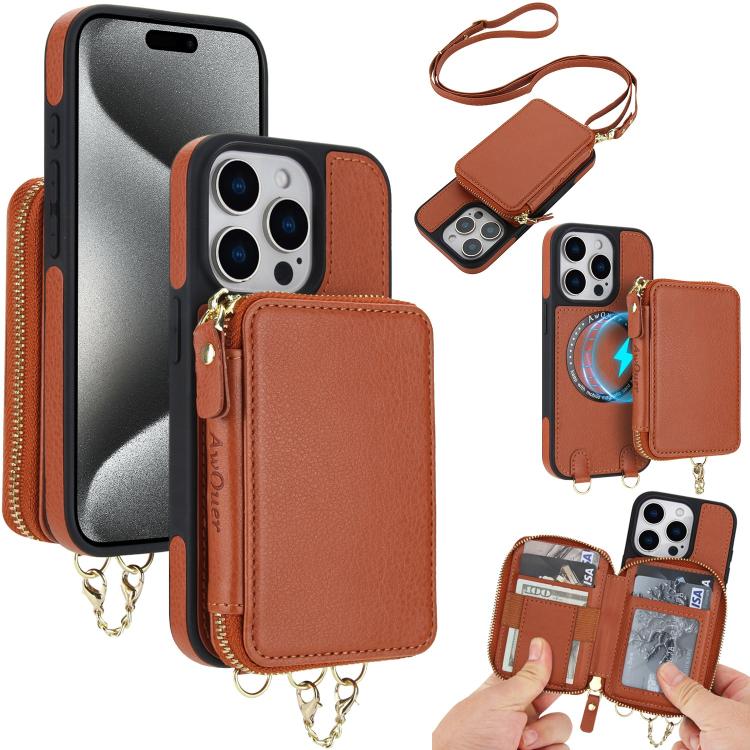 Cartera bandolera 2 en 1 con cremallera y funda trasera de cuero para teléfono AwQuer, For iPhone 16 Plus, For iPhone 16, For iPhone 15 Pro Max, For iPhone 15 Pro, For iPhone 15 Plus, For iPhone 15