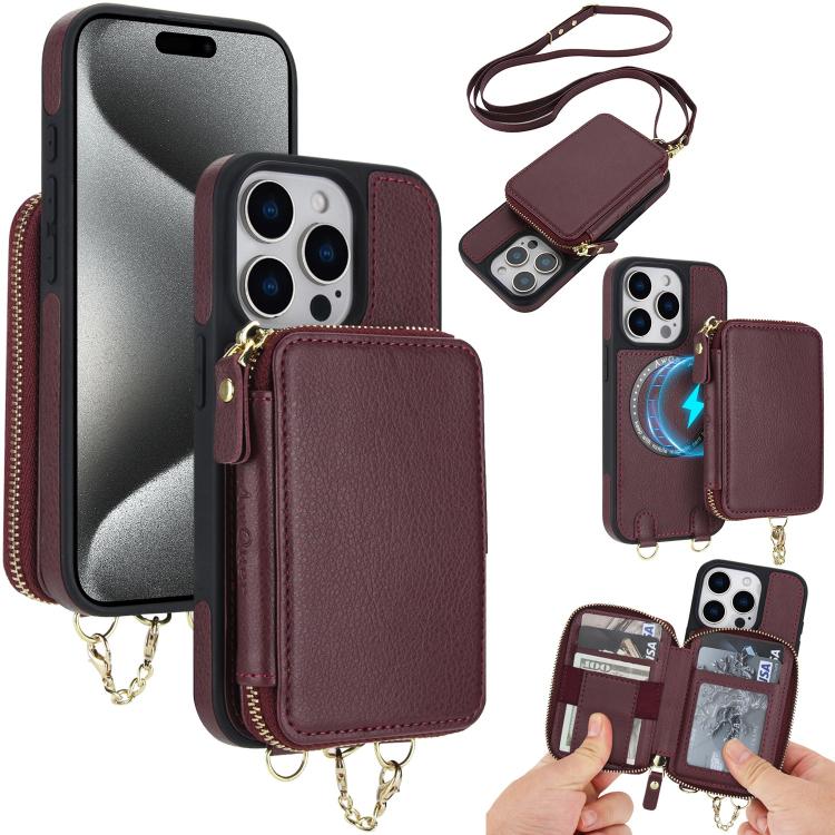 Cartera bandolera 2 en 1 con cremallera y funda trasera de cuero para teléfono AwQuer, For iPhone 16 Plus, For iPhone 16, For iPhone 15 Pro Max, For iPhone 15 Pro, For iPhone 15 Plus, For iPhone 15