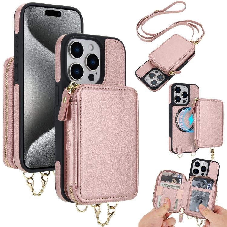 Cartera bandolera 2 en 1 con cremallera y funda trasera de cuero para teléfono AwQuer, For iPhone 16 Plus, For iPhone 16, For iPhone 15 Pro Max, For iPhone 15 Pro, For iPhone 15 Plus, For iPhone 15