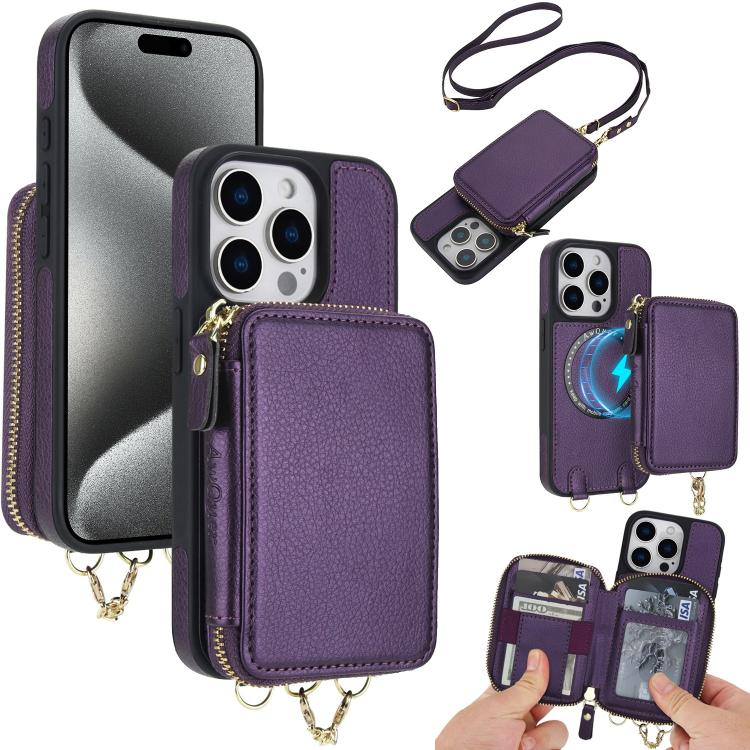 Cartera bandolera 2 en 1 con cremallera y funda trasera de cuero para teléfono AwQuer, For iPhone 16 Plus, For iPhone 16, For iPhone 15 Pro Max, For iPhone 15 Pro, For iPhone 15 Plus, For iPhone 15