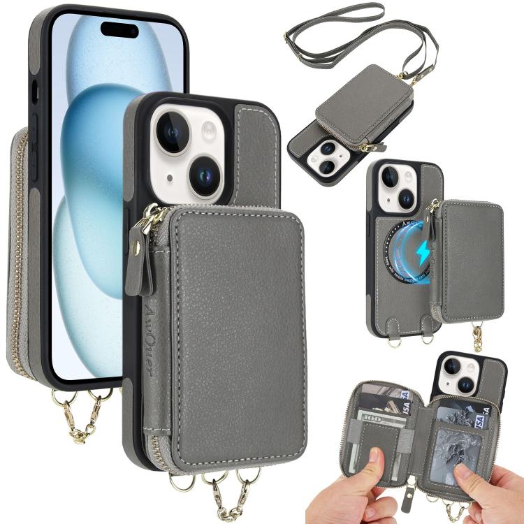 Cartera bandolera 2 en 1 con cremallera y funda trasera de cuero para teléfono AwQuer, For iPhone 16 Plus, For iPhone 16, For iPhone 15 Pro Max, For iPhone 15 Pro, For iPhone 15 Plus, For iPhone 15