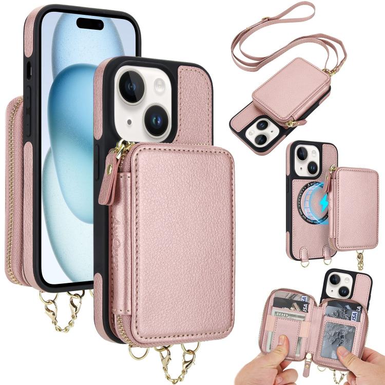 Cartera bandolera 2 en 1 con cremallera y funda trasera de cuero para teléfono AwQuer, For iPhone 16 Plus, For iPhone 16, For iPhone 15 Pro Max, For iPhone 15 Pro, For iPhone 15 Plus, For iPhone 15