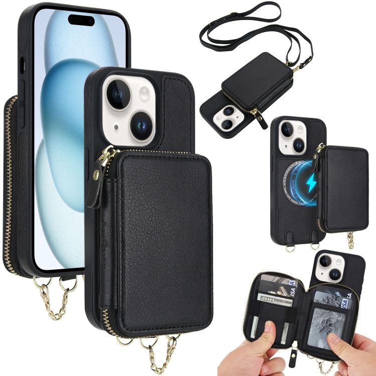 Cartera bandolera 2 en 1 con cremallera y funda trasera de cuero para teléfono AwQuer, For iPhone 16 Plus, For iPhone 16, For iPhone 15 Pro Max, For iPhone 15 Pro, For iPhone 15 Plus, For iPhone 15