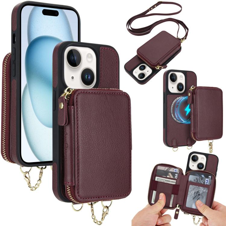 Cartera bandolera 2 en 1 con cremallera y funda trasera de cuero para teléfono AwQuer, For iPhone 16 Plus, For iPhone 16, For iPhone 15 Pro Max, For iPhone 15 Pro, For iPhone 15 Plus, For iPhone 15