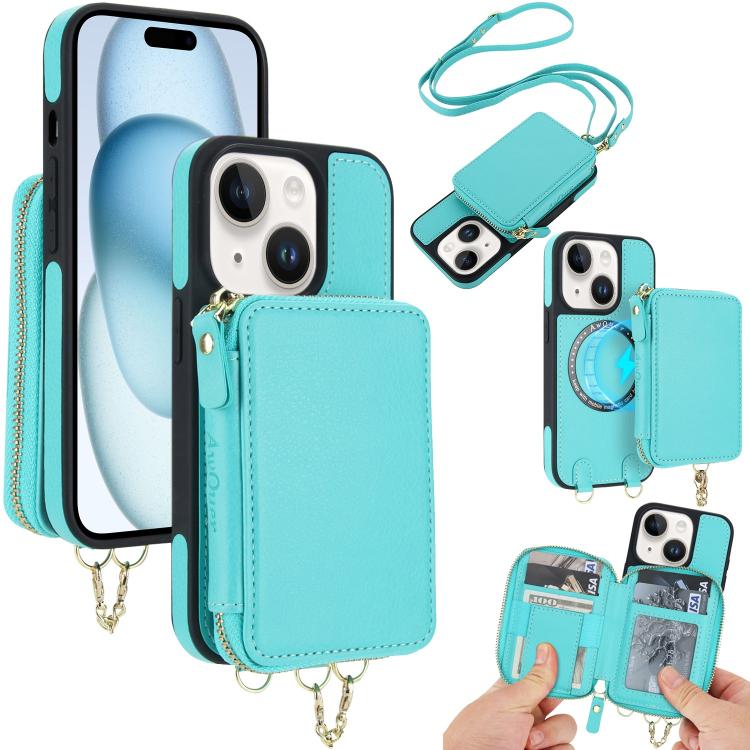 Cartera bandolera 2 en 1 con cremallera y funda trasera de cuero para teléfono AwQuer, For iPhone 16 Plus, For iPhone 16, For iPhone 15 Pro Max, For iPhone 15 Pro, For iPhone 15 Plus, For iPhone 15